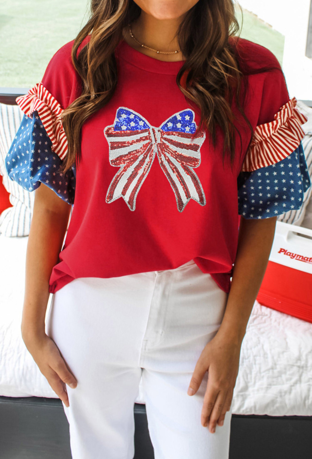 Fiery Red Patriotic Sequin Bow Blouse