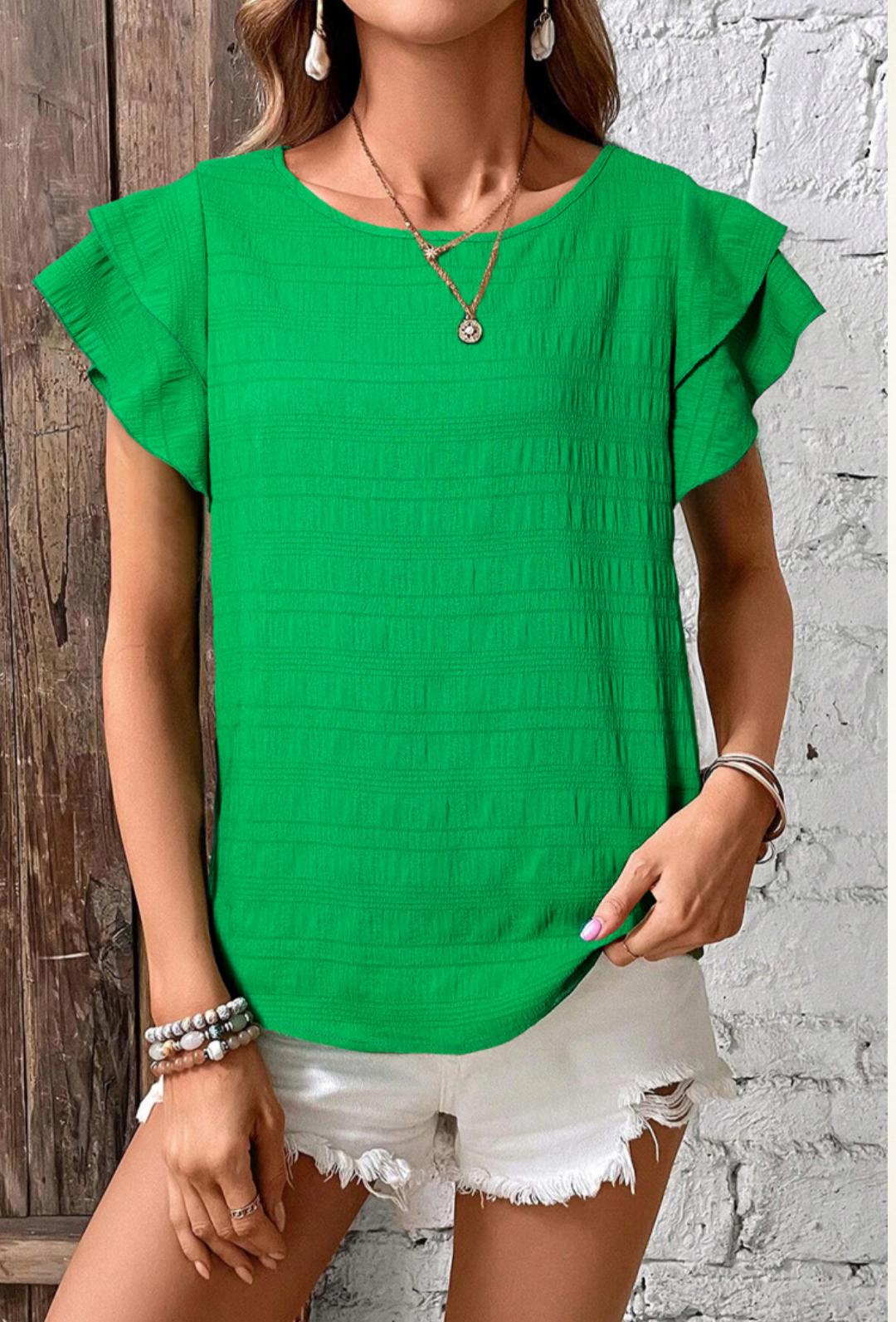 Dark Green Textured Ruffled Sleeve Blouse
