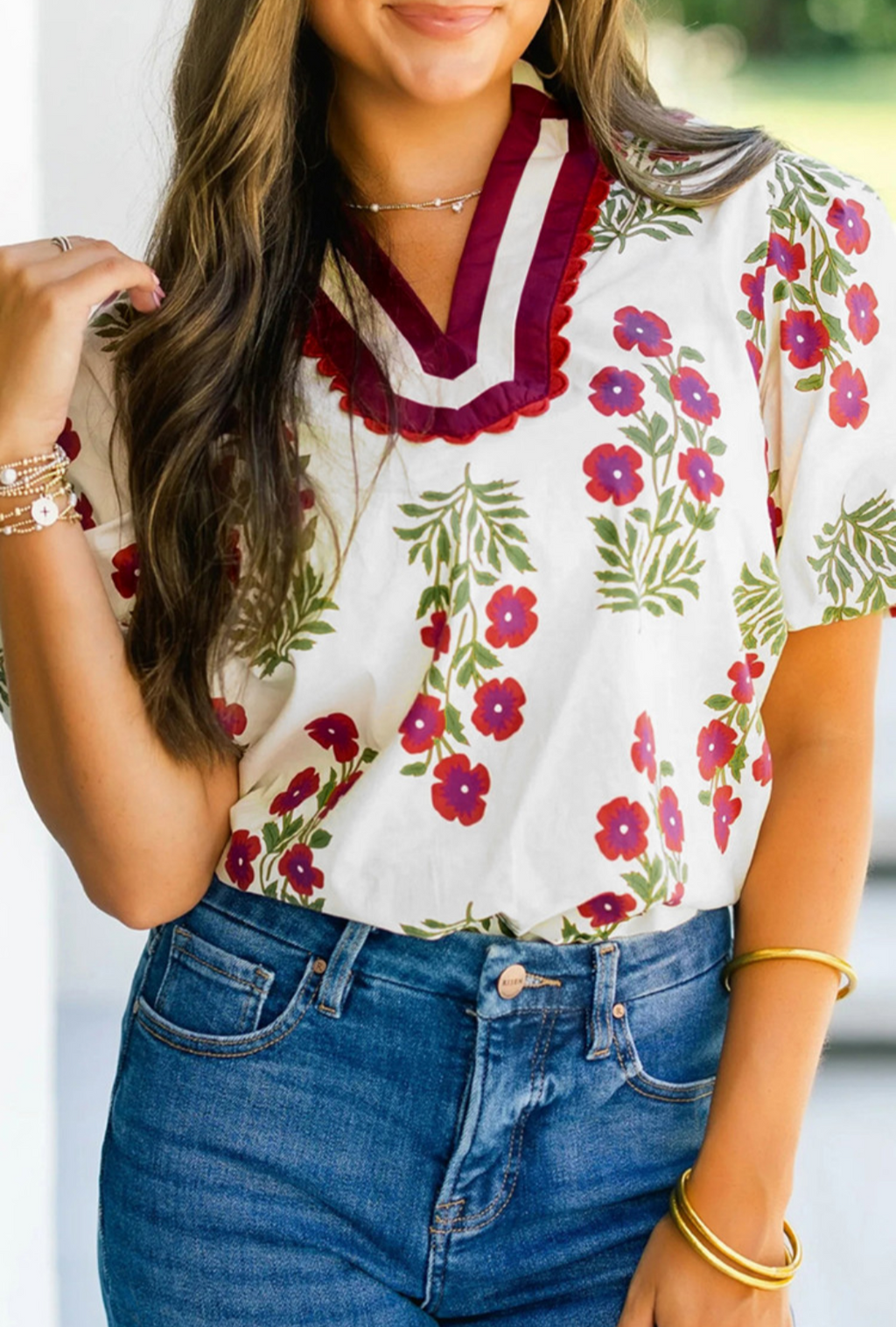 White Floral Short Bubble Sleeve Contrast Blouse