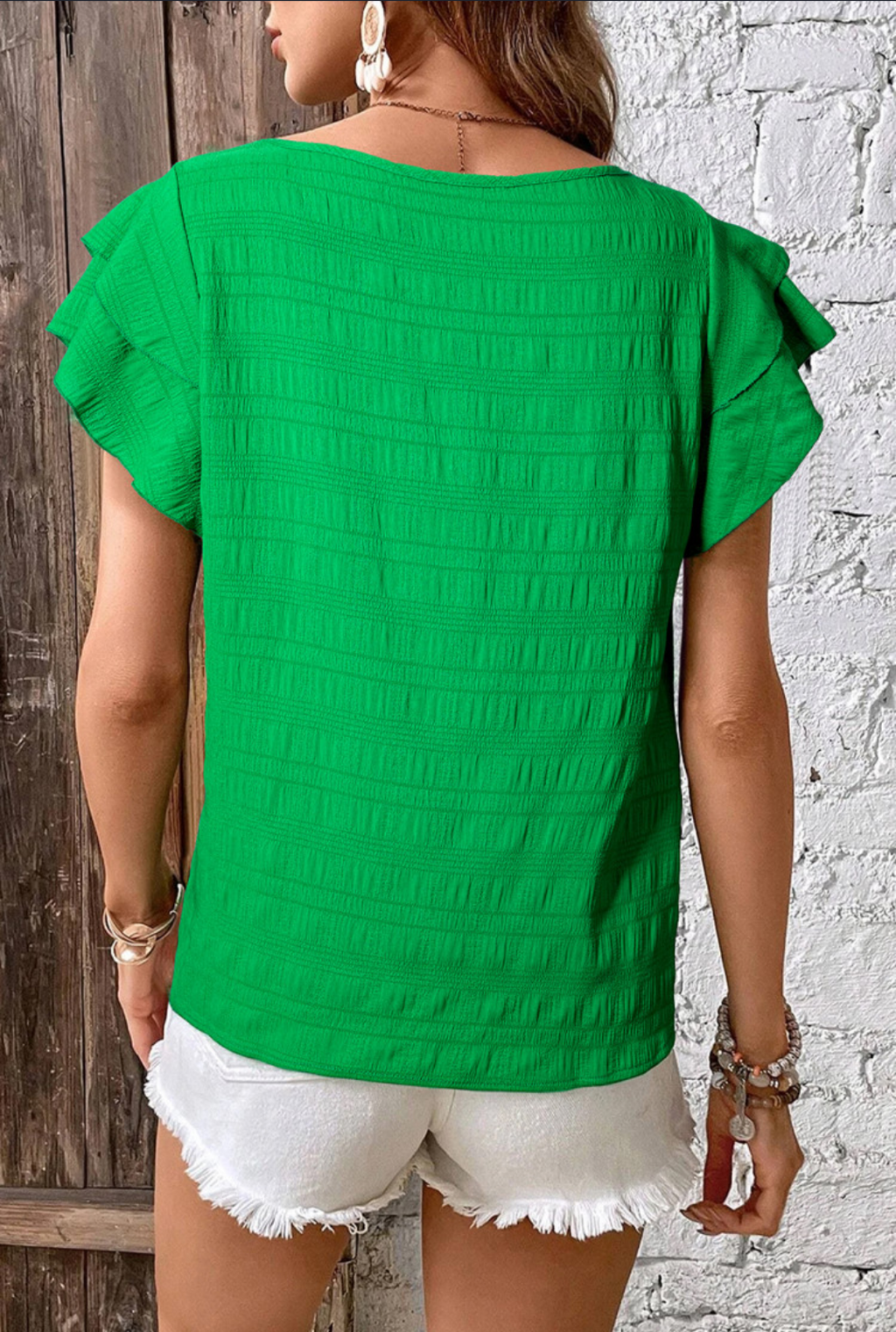 Dark Green Textured Ruffled Sleeve Blouse