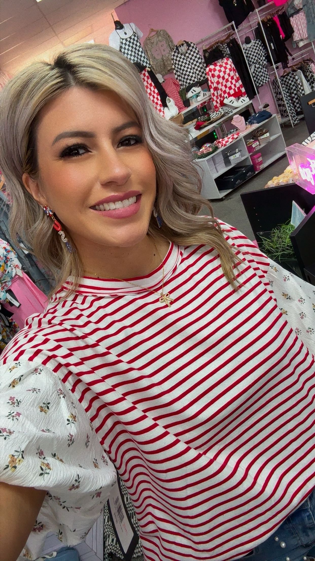 Red Stripe Floral Puff Sleeve Patchwork Blouse