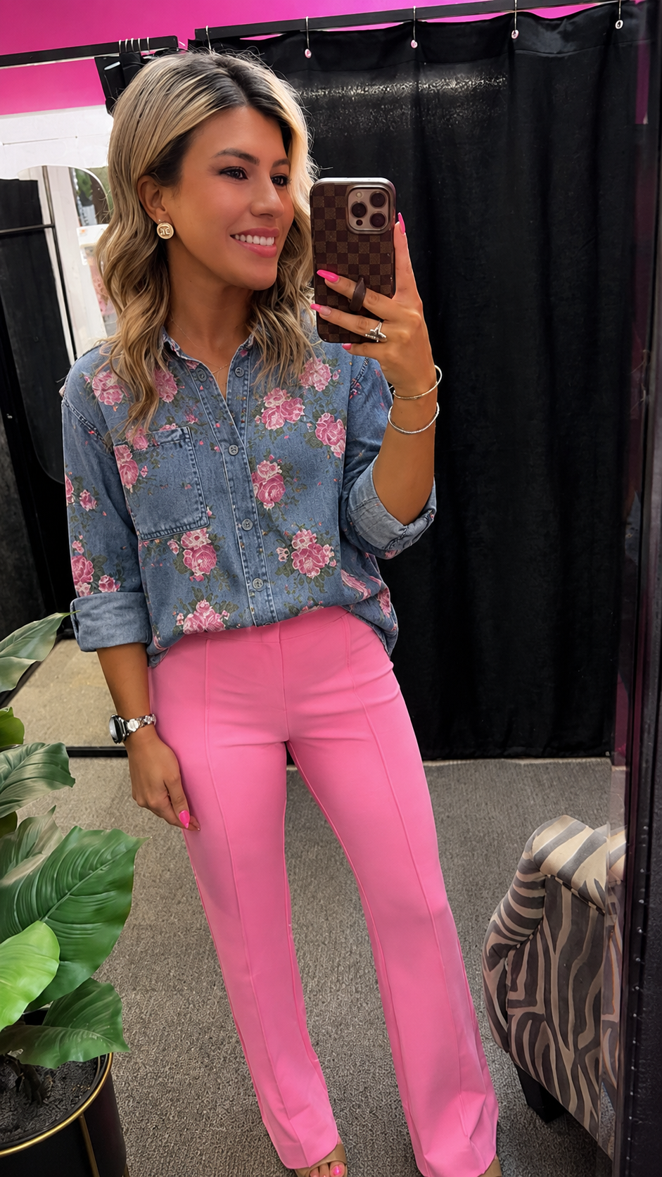 Blue Bracelet Sleeve Floral Denim Shirt