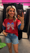 Fiery Red Patriotic Sequin Bow Blouse