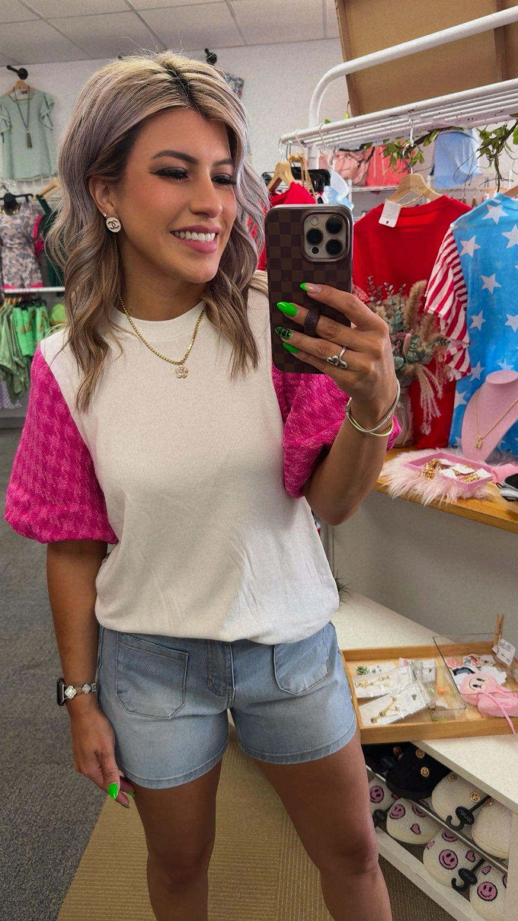 White Contrast Tweed Puff Sleeve Top