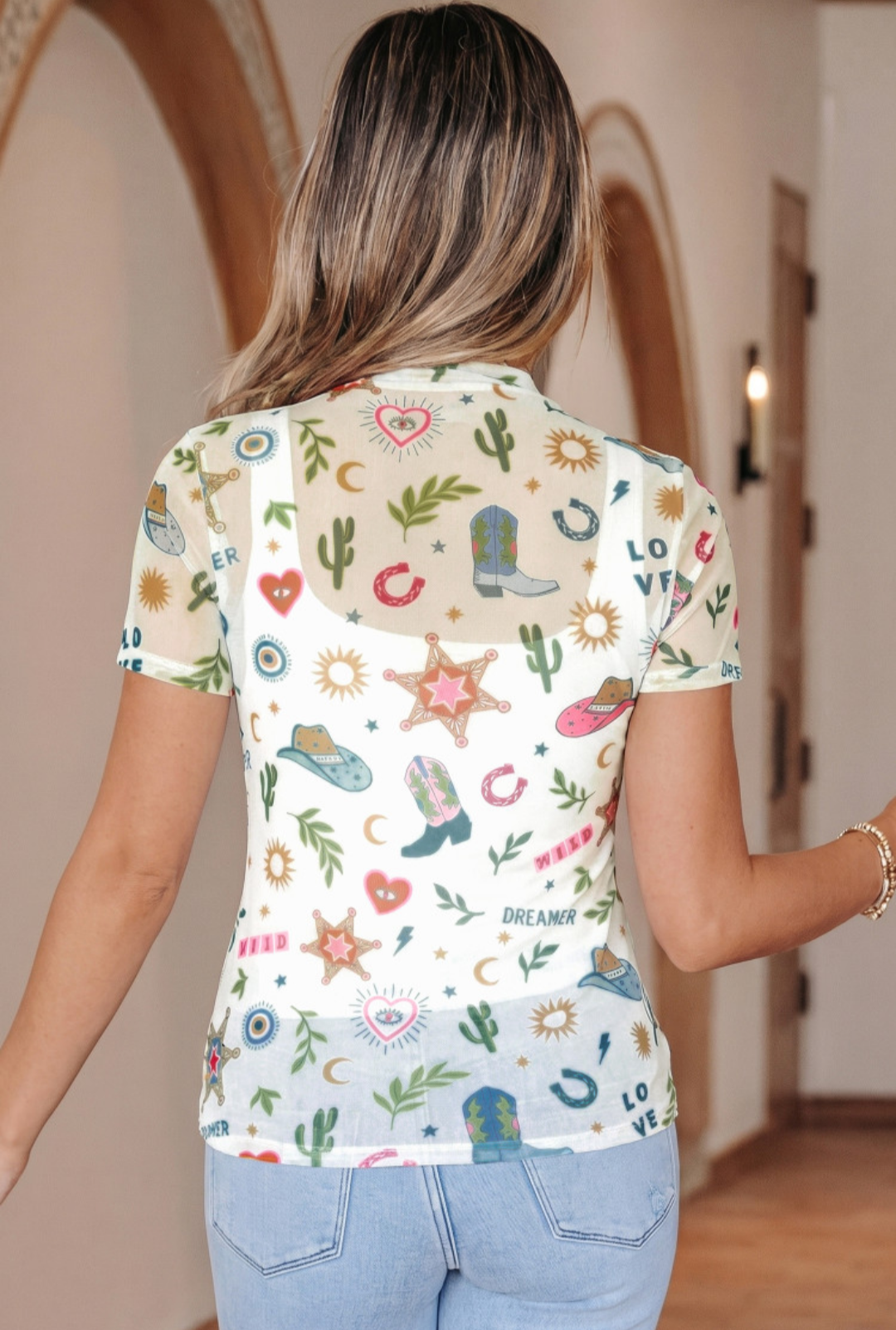 White Western Print Mesh Top
