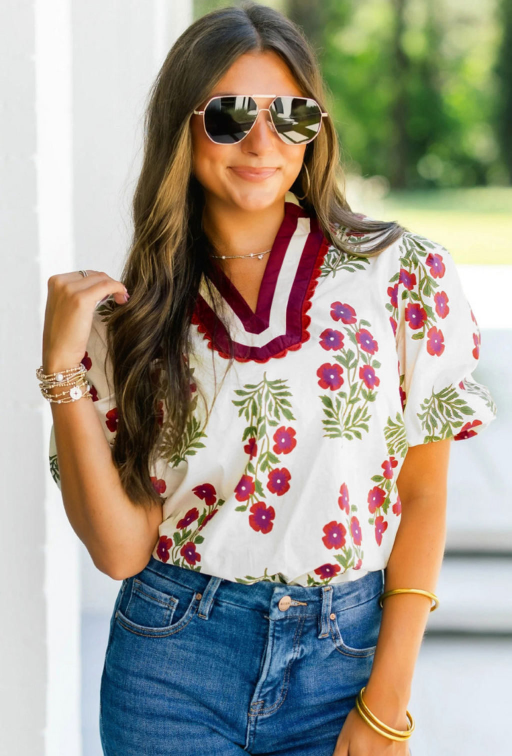 White Floral Short Bubble Sleeve Contrast Blouse