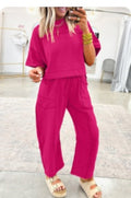 Rose Red Drop Shoulder Boxy Tee and Pants Set