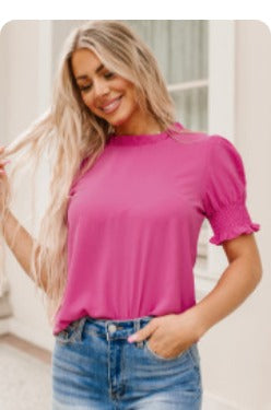 Rose Solid Color Smocked Puff Sleeve Top