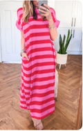 Rose Stripe Cuffed Short Sleeve Maxi Dress