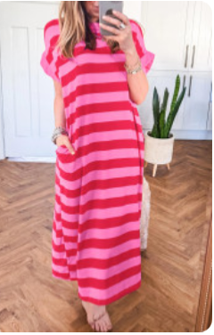 Rose Stripe Cuffed Short Sleeve Maxi Dress