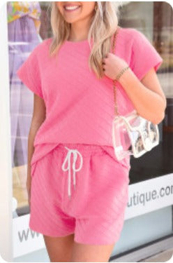 Sachet Pink Checkered Textured Top and Shorts Set