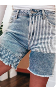 Sky Blue Striped Paisley Mixed Patch Shorts