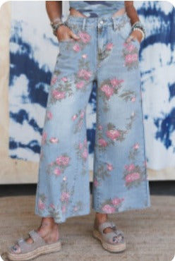 Sky Blue Garden Floral Print Bootcut Pants