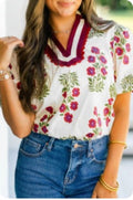 White Floral Short Bubble Sleeve Top