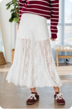 White Sheer Floral Lace Flowy Maxi Skirt