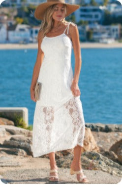 White Tie Spaghetti Straps Floral Lace Dress